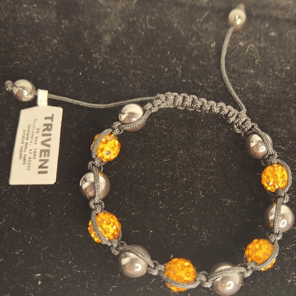 Triveni NWT silver and orange‎ crystal black cord woven bead adjustable bracelet
